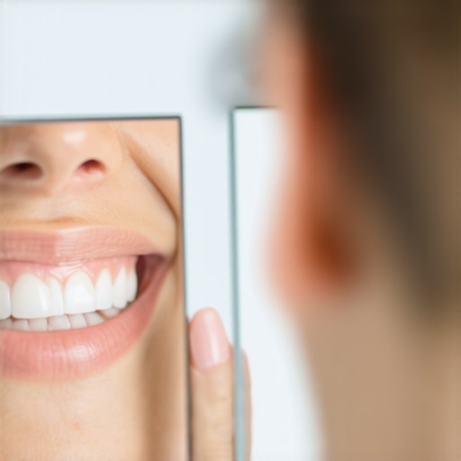 Comparing natural tooth shades vs over-whitened enamel A person checking tooth shade in a mirror to avoid over-whitening grayness