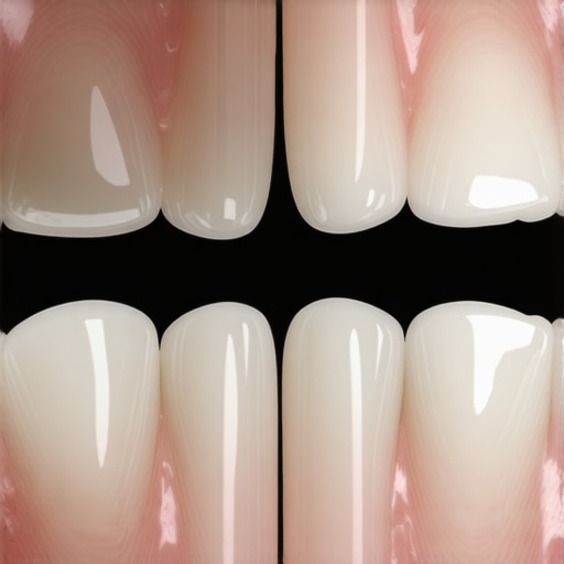 Comparison of natural enamel versus acid-damaged teeth with veneers Macro shot comparing healthy tooth translucency with opaque veneers on acid-eroded teeth.