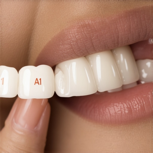 Comparison of tooth shades using a professional dental guide Close up of dental color shade guide near a human smile for whitening assessment