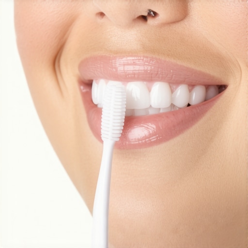 Correct 45-Degree Brushing Technique for Gum Health Close-up shot of a toothbrush angled at 45 degrees against the gums to prevent recession.