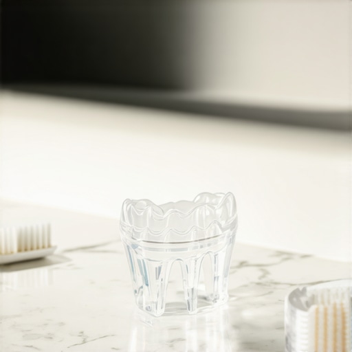 Custom Dental Night Guard for Relieving Bridge Tightness A clear custom dental night guard on a counter used to prevent teeth grinding and dental bridge pressure.