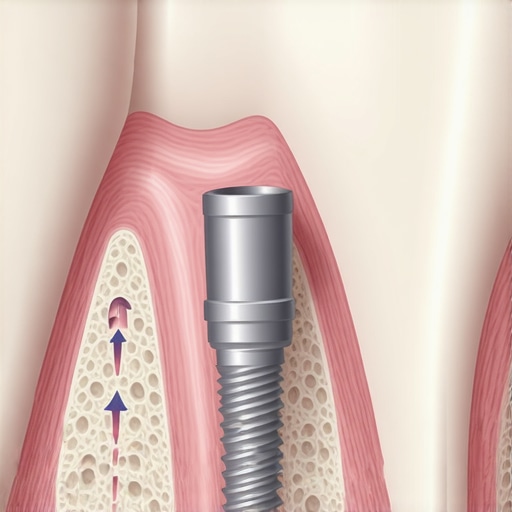 Dental Implant Thermal Conductivity Diagram Diagram showing how a titanium dental implant conducts cold temperatures to the surrounding jawbone and gum tissue.