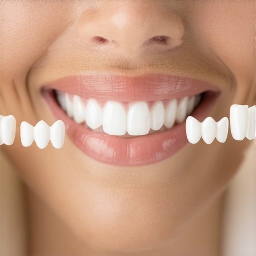 Dental Shade Guide Matching Natural Teeth A dentist matching porcelain veneer shade samples to a patient's natural teeth to prevent discoloration in different lighting.