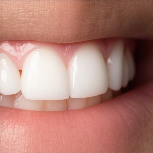 Detailed view of porcelain veneer margins and healthy gums A macro photograph showing the precise fit of dental veneers against healthy gum tissue.