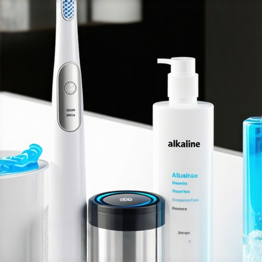 Essential Dental Maintenance Tools High-tech dental tools including a sonic toothbrush and ultrasonic cleaner on a bathroom counter.