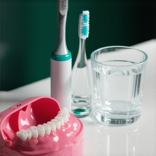 A blue Invisalign case and dental hygiene tools on a bathroom counter