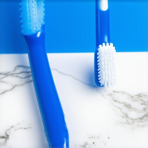 Essential Tools for Kids Oral Hygiene A children's tongue scraper and toothbrush on a bathroom counter representing effective bad breath prevention.