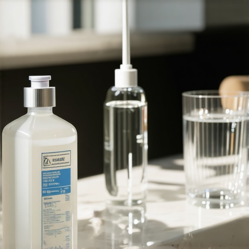 Essential Tools for Oral Hygiene and Fresh Breath A collection of oral care products including a water flosser and mouthwash on a bathroom counter.