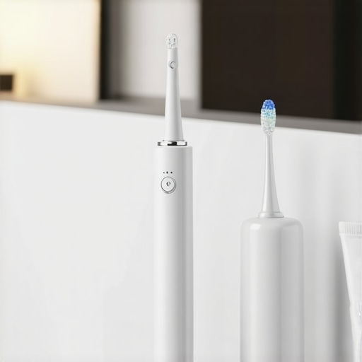 Essential Tools for Veneer Maintenance Close up of a Waterpik and low-abrasive toothpaste on a bathroom counter for dental care