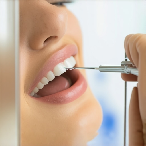 Evaluating the results of professional teeth whitening A person checking their smile in a mirror after a whitening treatment.