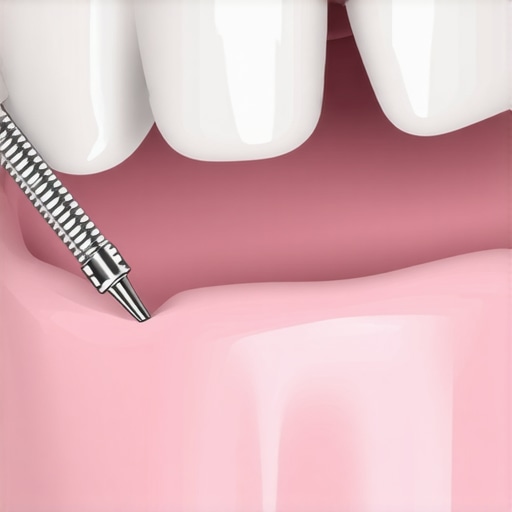 Expert Interdental Cleaning Technique Close-up of an interdental brush cleaning a permanent retainer wire.