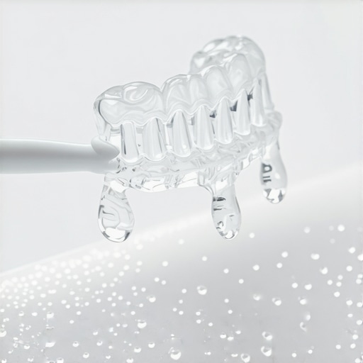 Gentle brushing technique for clear aligners A person using a soft toothbrush to clean a clear Invisalign tray over a sink.