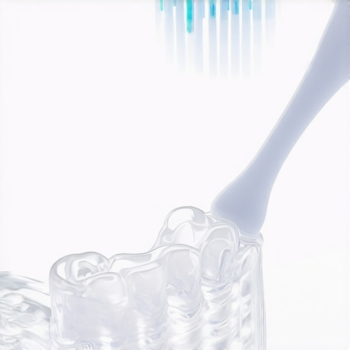 Gently cleaning a dental night guard Hands using a soft toothbrush to clean a clear night guard with soapy bubbles.
