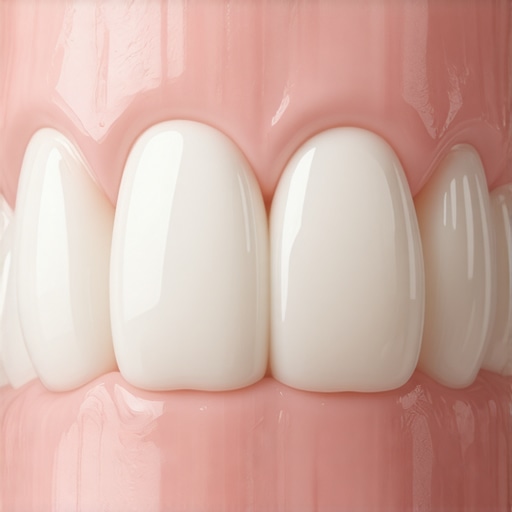 Healthy pink gum tissue meeting the margin of a porcelain veneer tooth