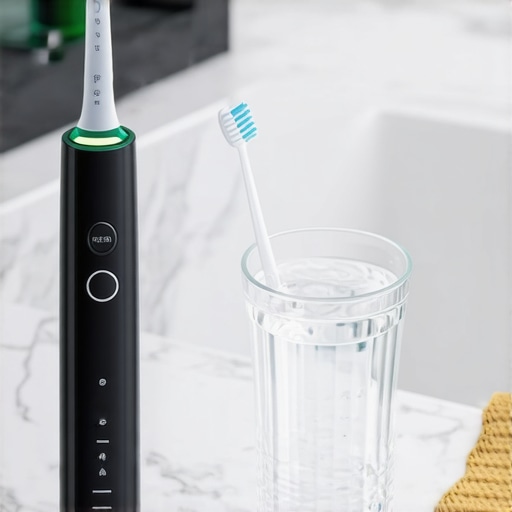 High-tech electric toothbrush and water flosser on a bathroom counter.