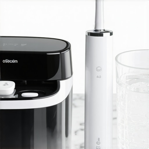 Ultrasonic dental tray cleaner and sonic toothbrush on a bathroom counter