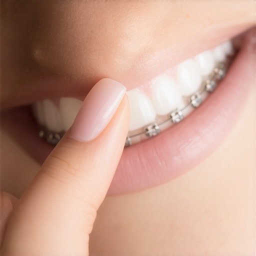A person applying protective dental wax to a braces bracket to stop irritation.
