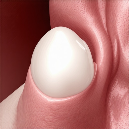 A close-up view of a chalky white spot on a tooth indicating early demineralization