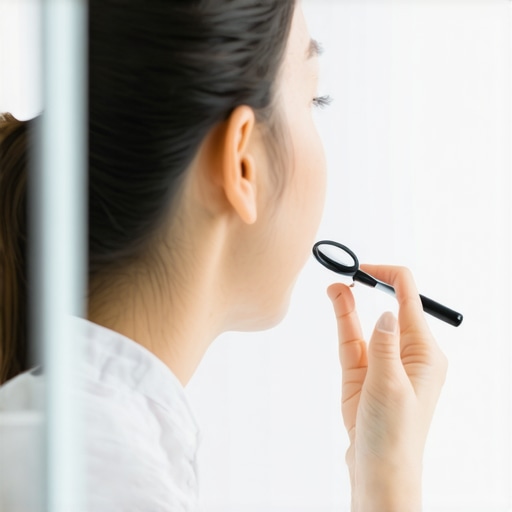 A close-up of a person using a dental mirror and flashlight to check for tooth stains or cavities.