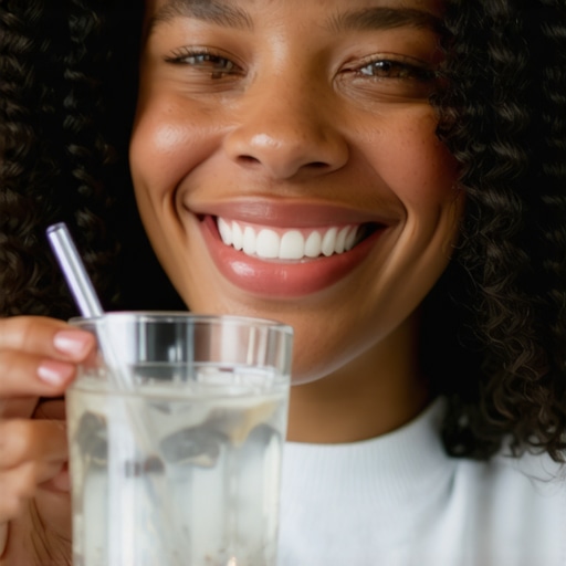 A person using a straw and water rinse to keep teeth white after drinking coffee.