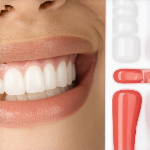 A dental shade guide being used to compare the color of natural teeth to a composite resin filling.