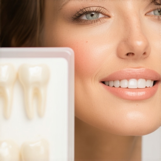 Dental professional using a shade guide to match veneers to a patient's natural smile