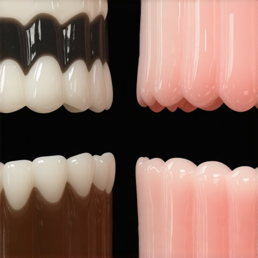 Metal-based vs. Zirconia Dental Bridges Comparison of a dental bridge with a dark metal shadow versus a natural ceramic bridge.