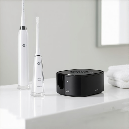 Modern Dental Maintenance Tools Ultrasonic dental cleaner and water flosser on a bathroom counter for retainer maintenance.