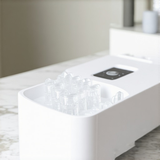 Modern Dental Maintenance Tools An ultrasonic cleaner for clear aligners on a bathroom counter.