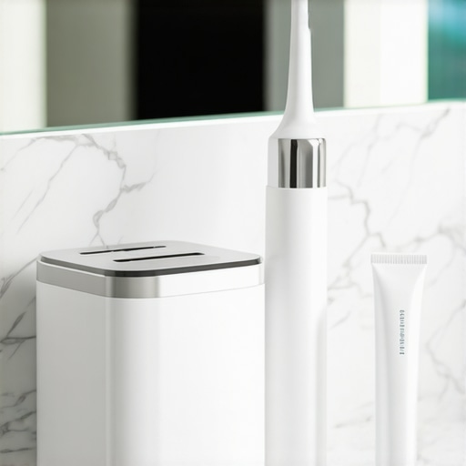 Ultrasonic cleaner and water flosser on a bathroom vanity