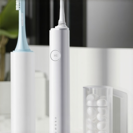 A high-end electric toothbrush and water flosser on a bathroom counter for smile maintenance.