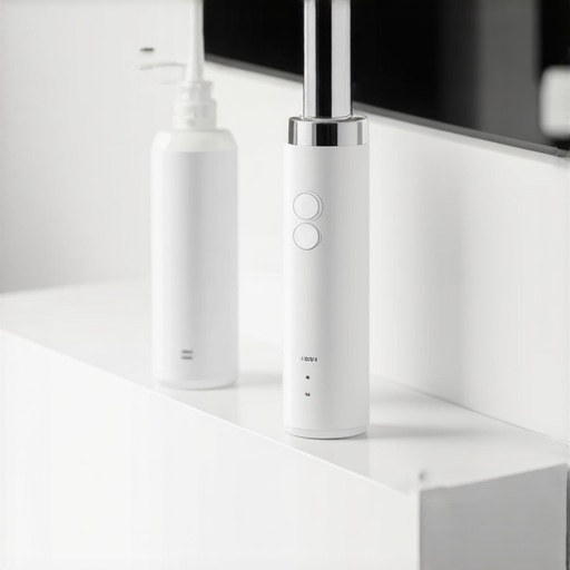 An ultrasonic cleaner and water flosser on a modern bathroom counter
