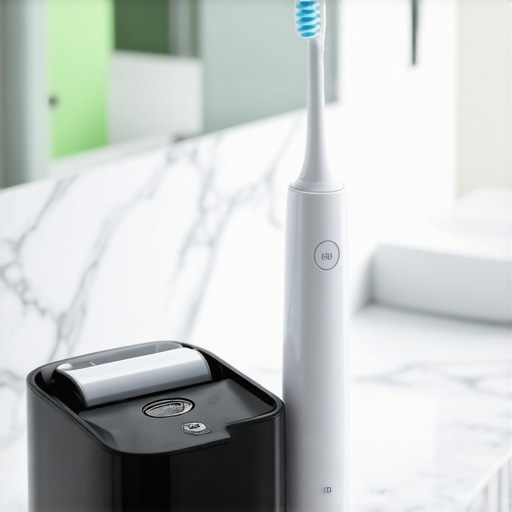 Modern Dental Maintenance Tools for Long Term Care Ultrasonic cleaner and electric toothbrush on a bathroom counter representing advanced dental hygiene.