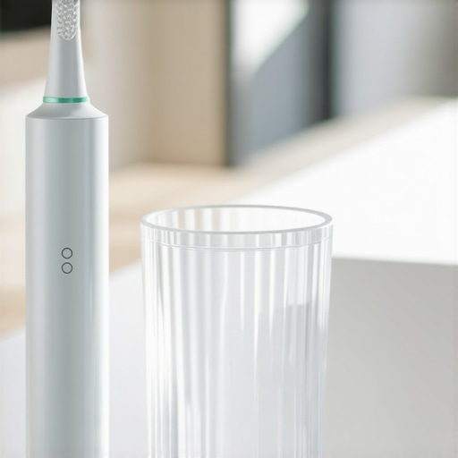 Modern Oral Hygiene Tools for Smile Maintenance A high-end sonic toothbrush and a glass of water on a bright bathroom vanity representing optimal dental care habits.