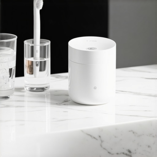 Modern Ultrasonic Cleaner for Dental Appliances Professional-grade ultrasonic cleaning pod for night guards and Invisalign trays on a bathroom counter.