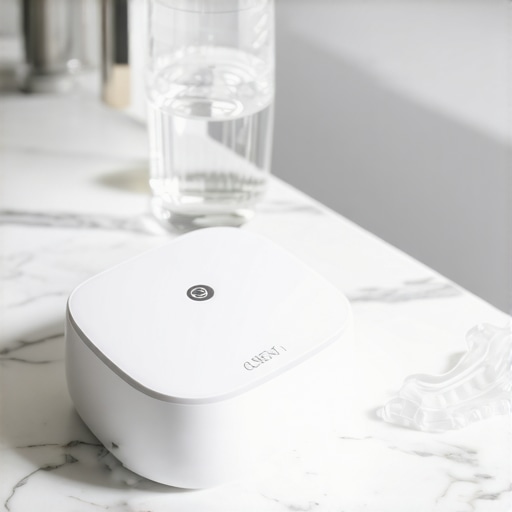 Modern Ultrasonic Cleaner for Dental Maintenance An ultrasonic cleaner used for maintaining clear aligners and retainers on a bathroom counter.