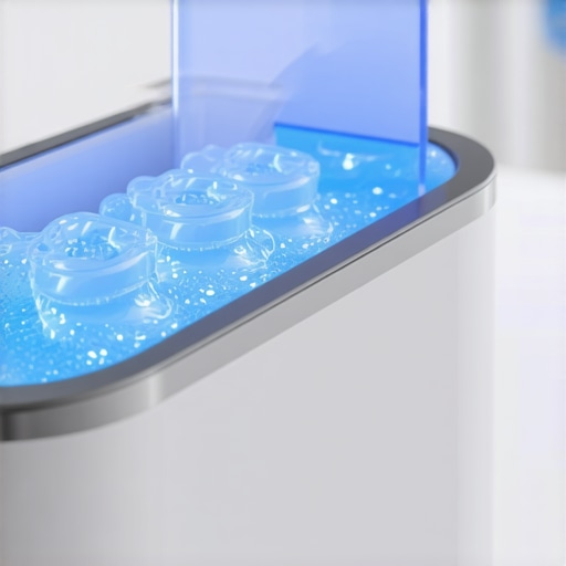 Modern Ultrasonic Cleaner for Dental Maintenance High-tech ultrasonic cleaner cleaning clear aligners in a bathroom setting.
