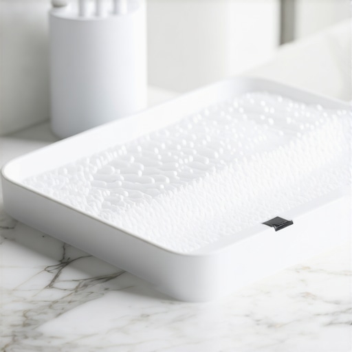 Modern Ultrasonic Cleaner for Dental Maintenance Ultrasonic cleaner being used for clear dental aligners on a bathroom counter