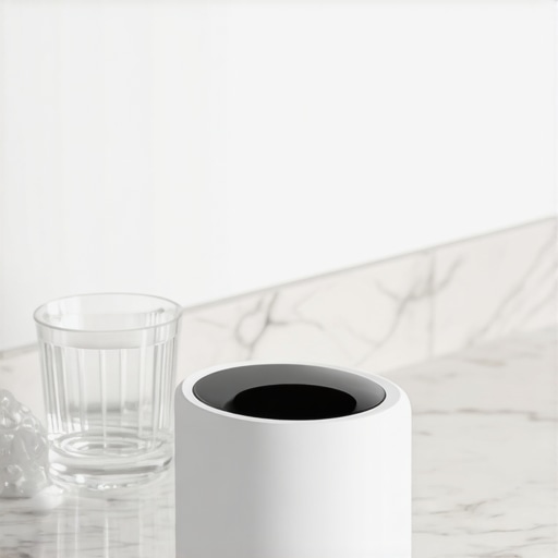 A white ultrasonic dental cleaner on a bathroom counter for cleaning aligners and retainers.