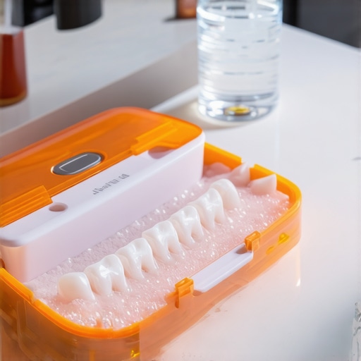 Modern Ultrasonic Dental Cleaning Setup An ultrasonic cleaner for dental retainers and Invisalign trays on a bathroom counter.