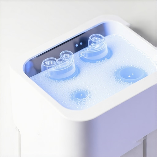Modern Ultrasonic Dental Tray Cleaner Ultrasonic cleaner for Invisalign and clear dental aligners on a bathroom counter.