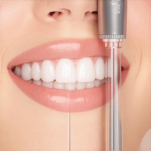 Modern Water Flosser for Cosmetic Dental Maintenance A close up of a water flosser cleaning porcelain veneers to maintain dental hygiene.
