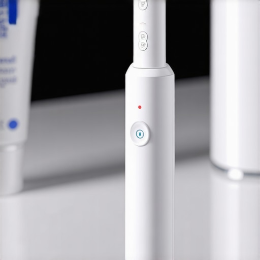 Modern electric toothbrush with pressure sensor for enamel protection An electric toothbrush with a pressure sensor ring next to toothpaste on a bathroom vanity.