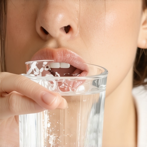 Neutralizing Acid with Water A close-up of a person drinking water to neutralize the acidic effects of sour candy on their teeth.