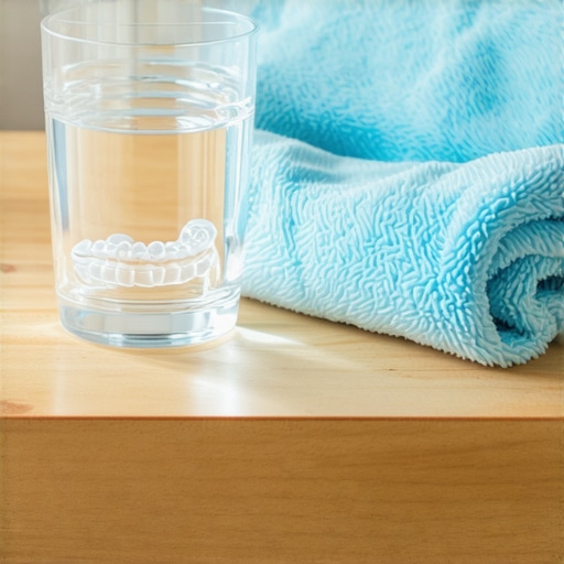 A water glass and clear Invisalign aligners sitting on a gym bench with sports equipment.