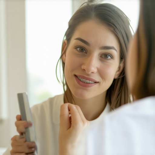 Practicing speech with braces in a mirror A person with dental braces practicing vocal exercises in front of a mirror to overcome a lisp.