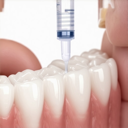 Precision Application of Whitening Gel Close-up showing the correct amount of whitening gel being applied to a lower dental tray for even results.