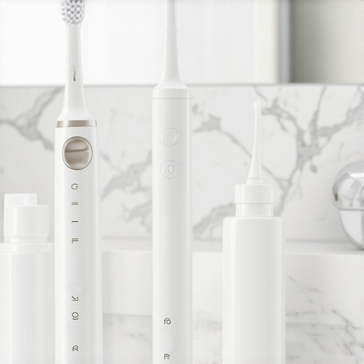 Premium Dental Maintenance Tools A collection of professional-grade dental tools including a sonic toothbrush and water flosser on a vanity.