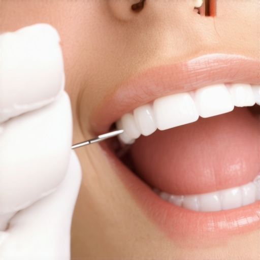 Close-up of a dentist using a shade guide to match porcelain veneers for a patient.