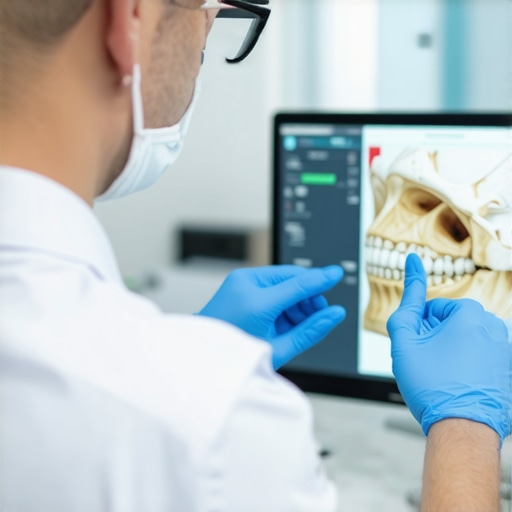 Professional Dental Consultation Using 3D Imaging A dentist explaining bone and gum health using a digital 3D scan.